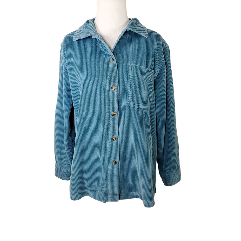LL Bean Blue Corduroy Shirt Wide Wale Long Sleeve Button Down Top Petite Sz MP